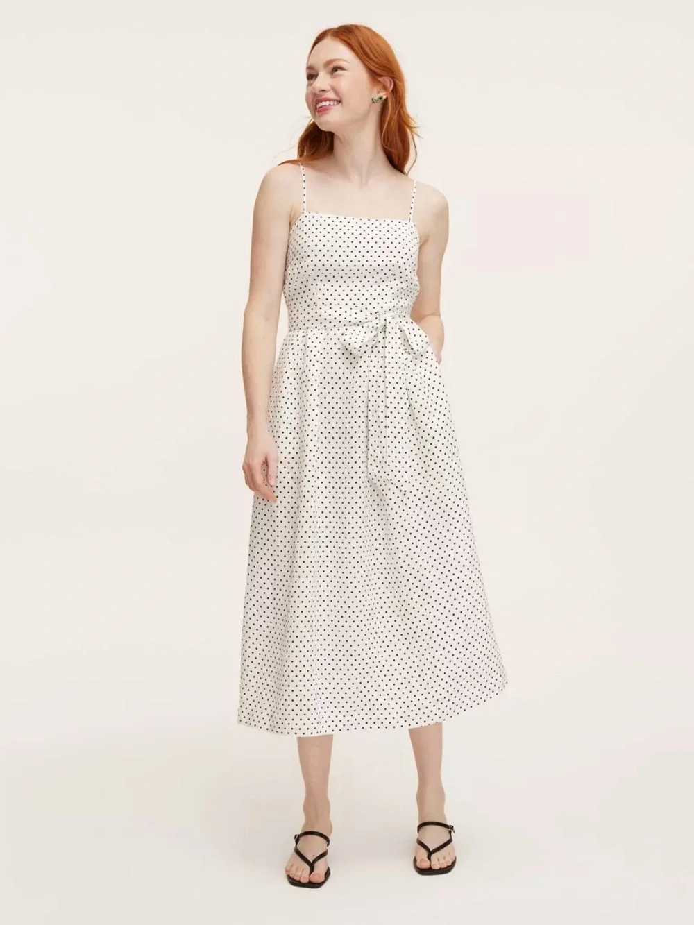 kate spade White and Black Polka Dot Midi Dress with Tie Waist